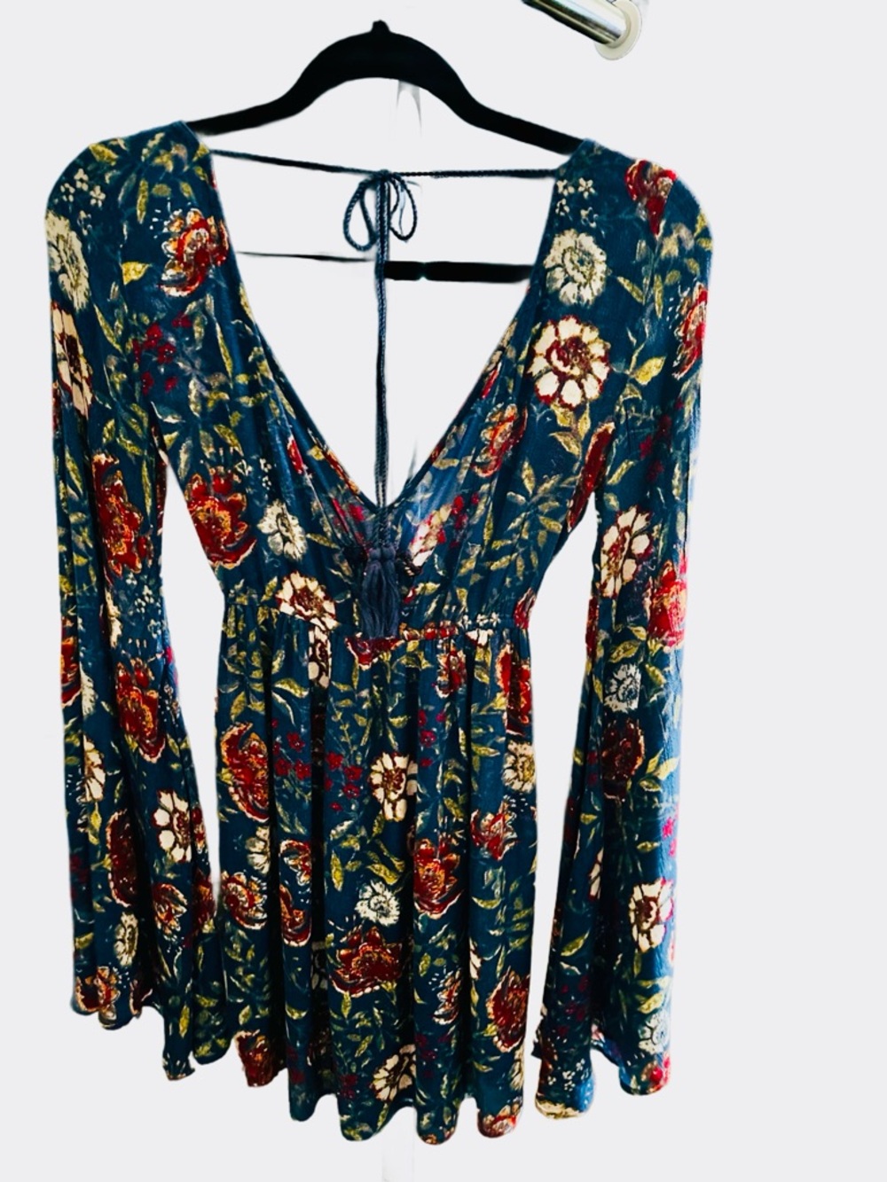 Deep Teal Floral V-Neck Long Sleeve blouse